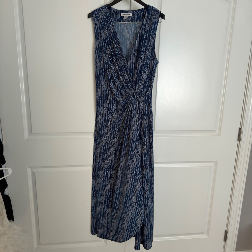 Tommy Bahama Womens Navy Blue White Abstract Print Faux Wrap Midi Dress Large